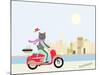 Fashionable Hipster Cat On A Vintage Scooter In A City- Illustration-run4it-Mounted Art Print