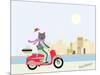 Fashionable Hipster Cat On A Vintage Scooter In A City- Illustration-run4it-Mounted Premium Giclee Print