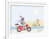 Fashionable Hipster Cat On A Vintage Scooter In A City- Illustration-run4it-Framed Art Print