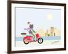 Fashionable Hipster Cat On A Vintage Scooter In A City- Illustration-run4it-Framed Art Print