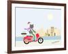 Fashionable Hipster Cat On A Vintage Scooter In A City- Illustration-run4it-Framed Art Print