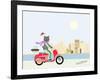 Fashionable Hipster Cat On A Vintage Scooter In A City- Illustration-run4it-Framed Art Print