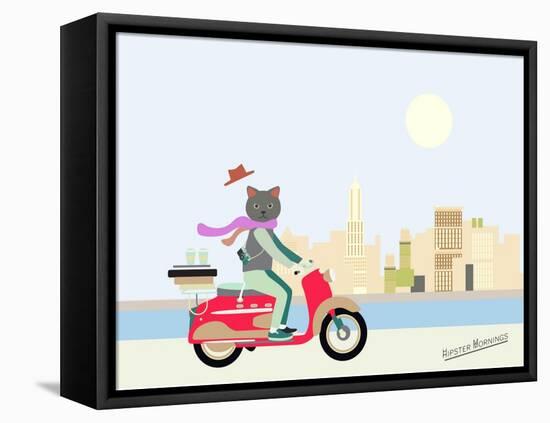 Fashionable Hipster Cat On A Vintage Scooter In A City- Illustration-run4it-Framed Stretched Canvas