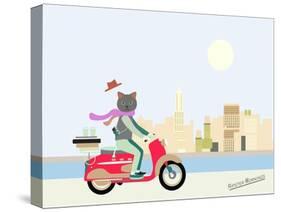 Fashionable Hipster Cat On A Vintage Scooter In A City- Illustration-run4it-Stretched Canvas