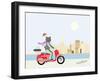 Fashionable Hipster Cat On A Vintage Scooter In A City- Illustration-run4it-Framed Art Print