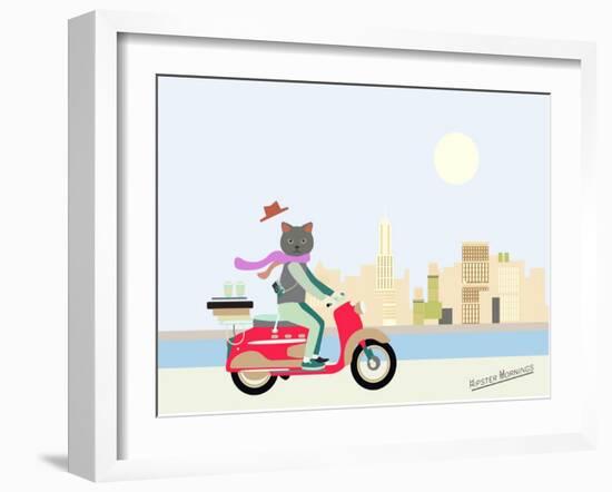 Fashionable Hipster Cat On A Vintage Scooter In A City- Illustration-run4it-Framed Art Print