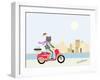 Fashionable Hipster Cat On A Vintage Scooter In A City- Illustration-run4it-Framed Art Print