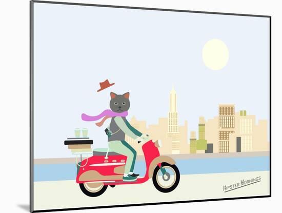 Fashionable Hipster Cat On A Vintage Scooter In A City- Illustration-run4it-Mounted Art Print
