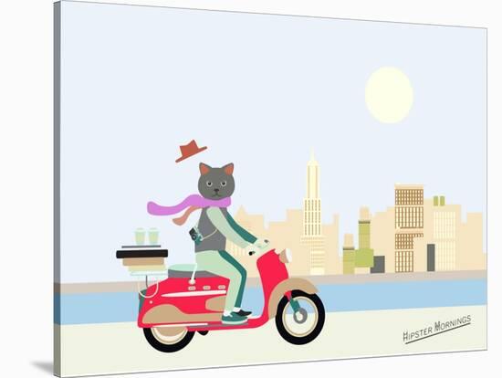 Fashionable Hipster Cat On A Vintage Scooter In A City- Illustration-run4it-Stretched Canvas