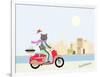 Fashionable Hipster Cat On A Vintage Scooter In A City- Illustration-run4it-Framed Art Print