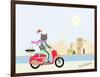 Fashionable Hipster Cat On A Vintage Scooter In A City- Illustration-run4it-Framed Art Print