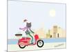 Fashionable Hipster Cat On A Vintage Scooter In A City- Illustration-run4it-Mounted Art Print