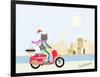 Fashionable Hipster Cat On A Vintage Scooter In A City- Illustration-run4it-Framed Art Print