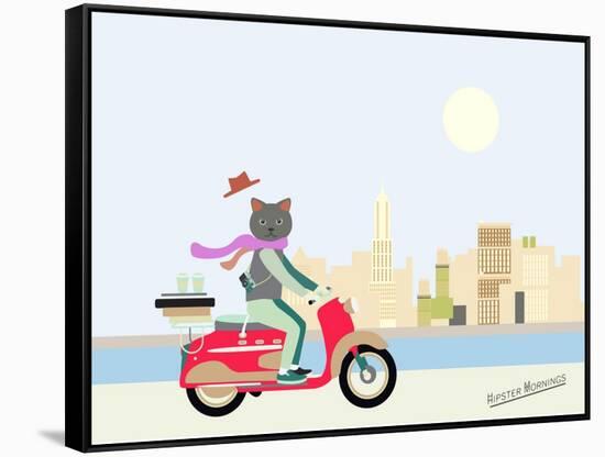 Fashionable Hipster Cat On A Vintage Scooter In A City- Illustration-run4it-Framed Stretched Canvas