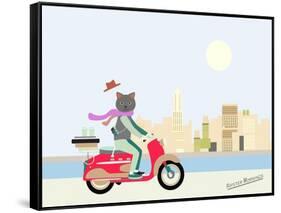 Fashionable Hipster Cat On A Vintage Scooter In A City- Illustration-run4it-Framed Stretched Canvas