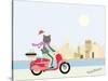 Fashionable Hipster Cat On A Vintage Scooter In A City- Illustration-run4it-Stretched Canvas