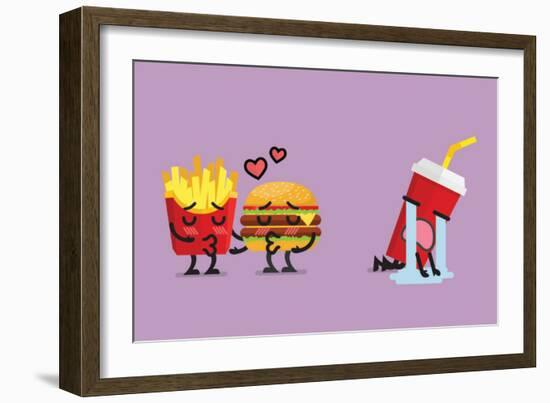 Fast Food Fall in Love Kissing with Heartbroken Soft Drink Character. Funny Character-Sira Anamwong-Framed Art Print