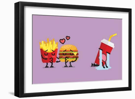 Fast Food Fall in Love Kissing with Heartbroken Soft Drink Character. Funny Character-Sira Anamwong-Framed Art Print