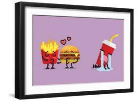 Fast Food Fall in Love Kissing with Heartbroken Soft Drink Character. Funny Character-Sira Anamwong-Framed Art Print