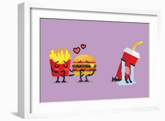 Fast Food Fall in Love Kissing with Heartbroken Soft Drink Character. Funny Character-Sira Anamwong-Framed Art Print