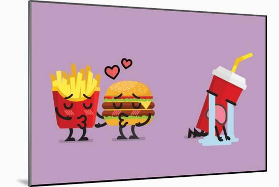 Fast Food Fall in Love Kissing with Heartbroken Soft Drink Character. Funny Character-Sira Anamwong-Mounted Art Print