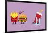 Fast Food Fall in Love Kissing with Heartbroken Soft Drink Character. Funny Character-Sira Anamwong-Framed Art Print