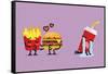 Fast Food Fall in Love Kissing with Heartbroken Soft Drink Character. Funny Character-Sira Anamwong-Framed Stretched Canvas