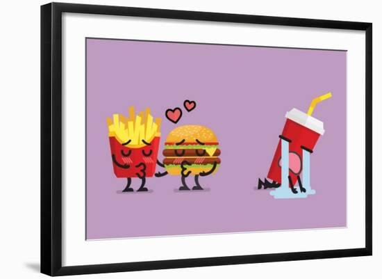 Fast Food Fall in Love Kissing with Heartbroken Soft Drink Character. Funny Character-Sira Anamwong-Framed Art Print