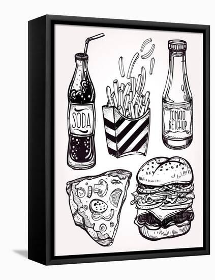 Fast Food Set Vintage Linear Style.-Katja Gerasimova-Framed Stretched Canvas