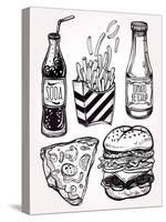 Fast Food Set Vintage Linear Style.-Katja Gerasimova-Stretched Canvas