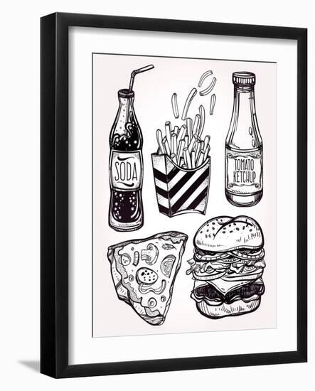 Fast Food Set Vintage Linear Style.-Katja Gerasimova-Framed Art Print