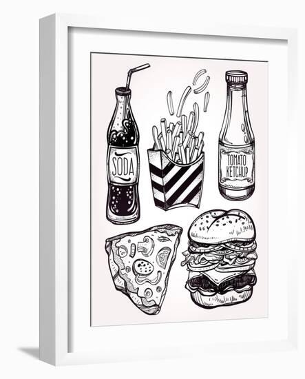 Fast Food Set Vintage Linear Style.-Katja Gerasimova-Framed Art Print