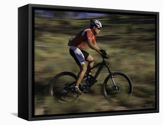 Fast Moving Mountain Biker, Mt. Bike-Michael Brown-Framed Stretched Canvas