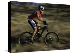 Fast Moving Mountain Biker, Mt. Bike-Michael Brown-Stretched Canvas