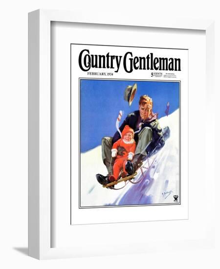 "Father and Child on Sled," Country Gentleman Cover, February 1, 1934-Henry Hintermeister-Framed Giclee Print