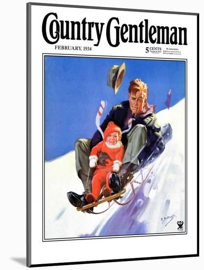 "Father and Child on Sled," Country Gentleman Cover, February 1, 1934-Henry Hintermeister-Mounted Giclee Print