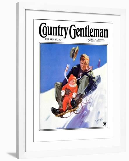 "Father and Child on Sled," Country Gentleman Cover, February 1, 1934-Henry Hintermeister-Framed Giclee Print