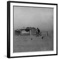 Father and Children Outside Wooden Shack That Serves as their House in the Dust Bowl-null-Framed Photographic Print
