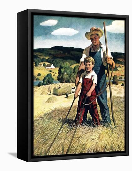 "Father and Son on Hay Wagon,"June 1, 1944-Newell Convers Wyeth-Framed Stretched Canvas