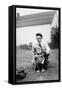 Father and Son Pull a Wagon in Backyard, Ca. 1946-null-Framed Stretched Canvas