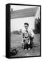 Father and Son Pull a Wagon in Backyard, Ca. 1946-null-Framed Stretched Canvas