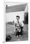 Father and Son Pull a Wagon in Backyard, Ca. 1946-null-Framed Premium Photographic Print