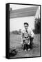 Father and Son Pull a Wagon in Backyard, Ca. 1946-null-Framed Stretched Canvas