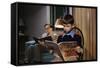 Father and Son Reading at Home-William P. Gottlieb-Framed Stretched Canvas