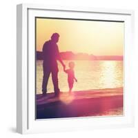 Father and Son Walking Out on a Dock at Sunset-soupstock-Framed Photographic Print