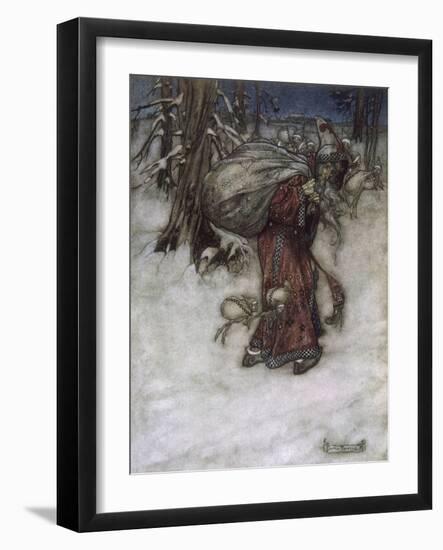 Father Christmas Delivering Xmas Presents-Arthur Rackham-Framed Art Print