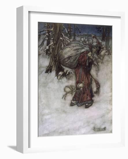 Father Christmas Delivering Xmas Presents-Arthur Rackham-Framed Art Print