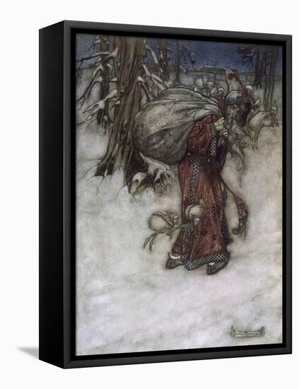 Father Christmas Delivering Xmas Presents-Arthur Rackham-Framed Stretched Canvas