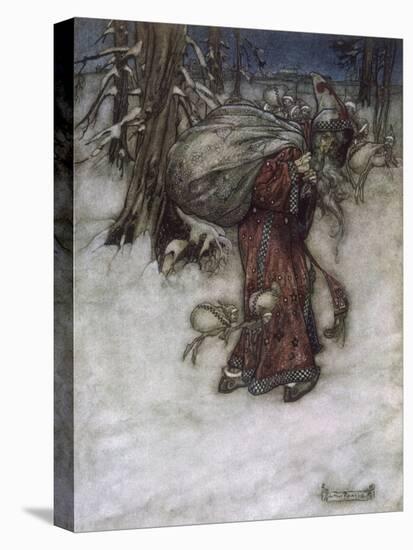 Father Christmas Delivering Xmas Presents-Arthur Rackham-Stretched Canvas