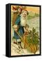 Father Christmas Dressed in Blue Carrying a Basket of Toys, Beatrice Litzinger Collection-null-Framed Stretched Canvas